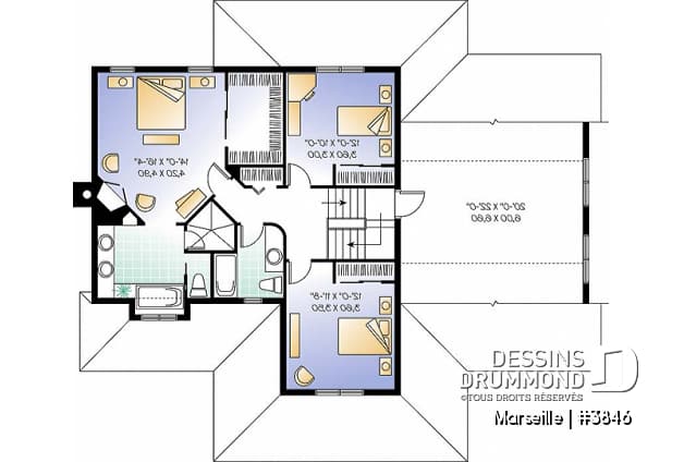 Étage - Plan de maison champêtre américaine, 3 à 4 chambres, 2 grands bureaux à domicile. espace boni - Marseille