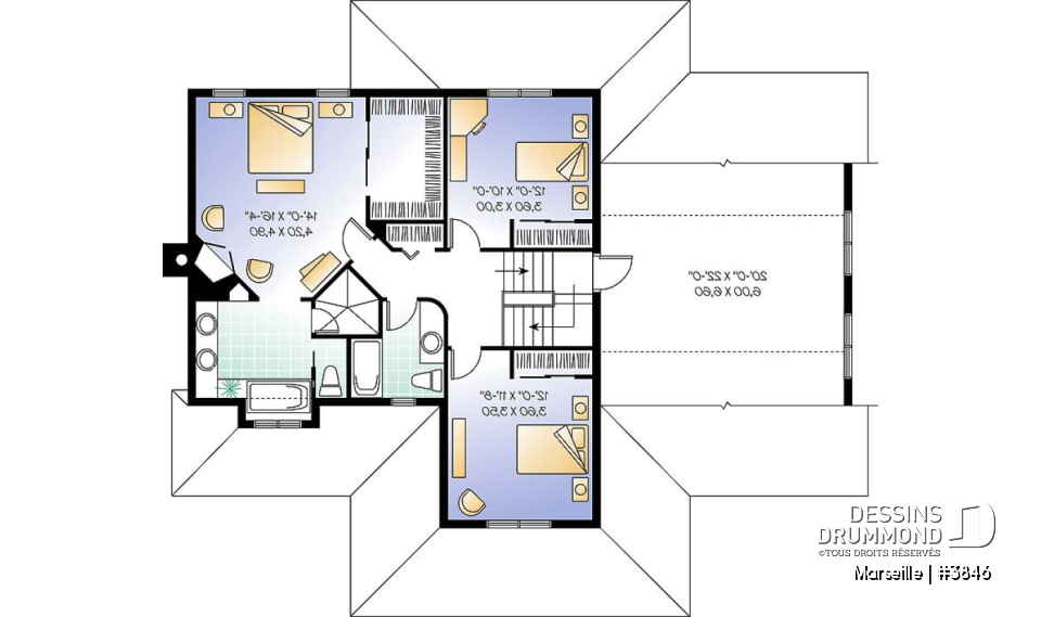 Étage - Plan de maison champêtre américaine, 3 à 4 chambres, 2 grands bureaux à domicile. espace boni - Marseille