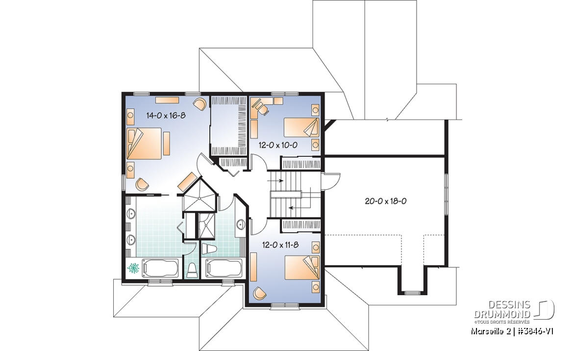 Étage - Plan de maison 3 à 4 chambres, style américain, bureau à domicile, garage double, solarium - Marseille 2