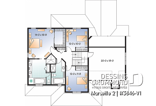 Étage - Plan de maison 3 à 4 chambres, style américain, bureau à domicile, garage double, solarium - Marseille 2