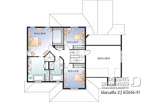 Étage - Plan de maison 3 à 4 chambres, style américain, bureau à domicile, garage double, solarium - Marseille 2