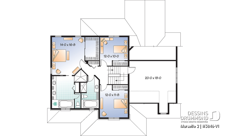 Étage - Plan de maison 3 à 4 chambres, style américain, bureau à domicile, garage double, solarium - Marseille 2