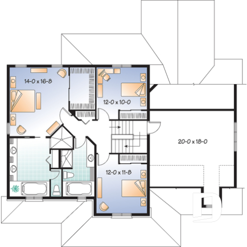 Étage - Plan de maison 3 à 4 chambres, style américain, bureau à domicile, garage double, solarium - Marseille 2