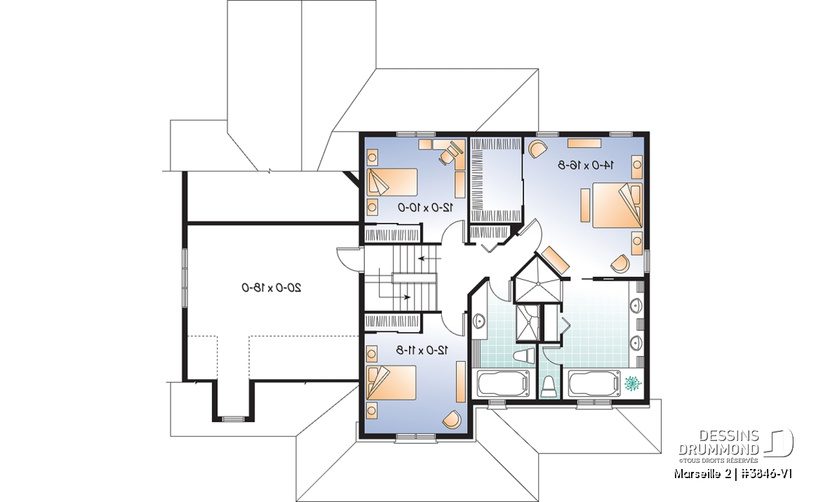 Étage - Plan de maison 3 à 4 chambres, style américain, bureau à domicile, garage double, solarium - Marseille 2