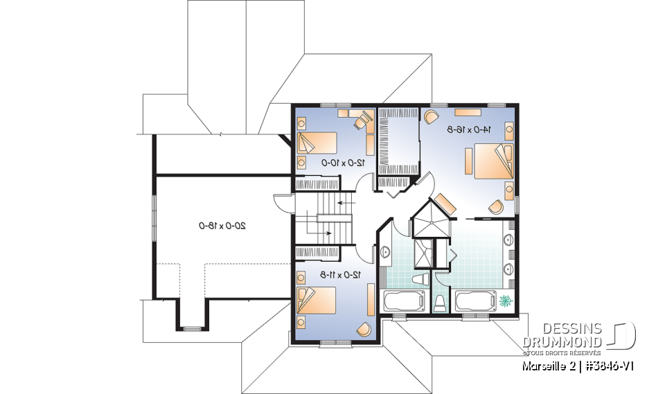 Étage - Plan de maison 3 à 4 chambres, style américain, bureau à domicile, garage double, solarium - Marseille 2