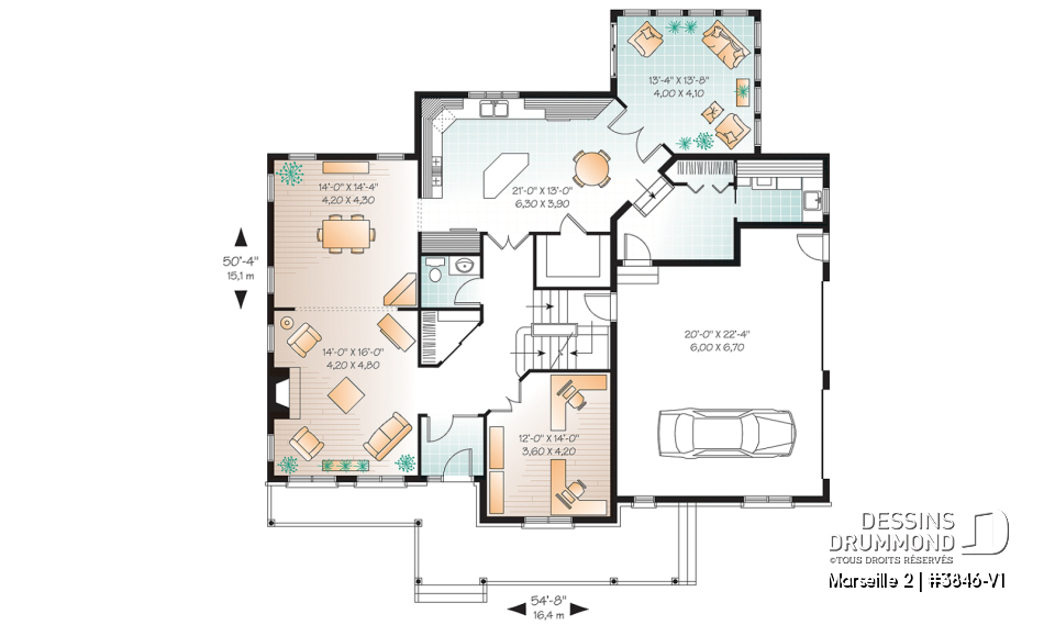 Rez-de-chaussée - Plan de maison 3 à 4 chambres, style américain, bureau à domicile, garage double, solarium - Marseille 2