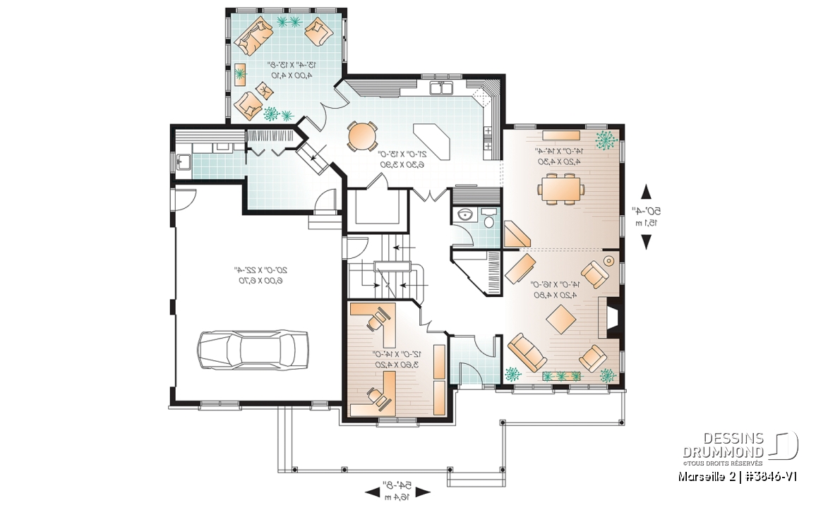 Rez-de-chaussée - Plan de maison 3 à 4 chambres, style américain, bureau à domicile, garage double, solarium - Marseille 2