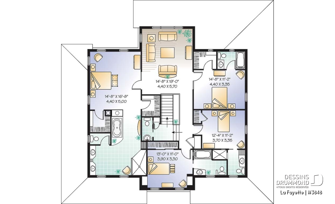 Étage - Plan de maison farmhouse américaine, grande suite des maîtres, 4 à 5 chambres, bureau, plafond 9' - La Fayette