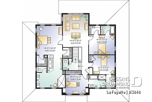 Étage - Plan de maison farmhouse américaine, grande suite des maîtres, 4 à 5 chambres, bureau, plafond 9' - La Fayette