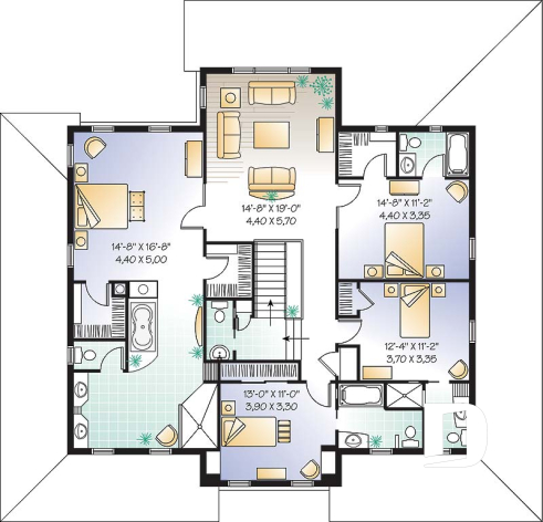 Étage - Plan de maison farmhouse américaine, grande suite des maîtres, 4 à 5 chambres, bureau, plafond 9' - La Fayette