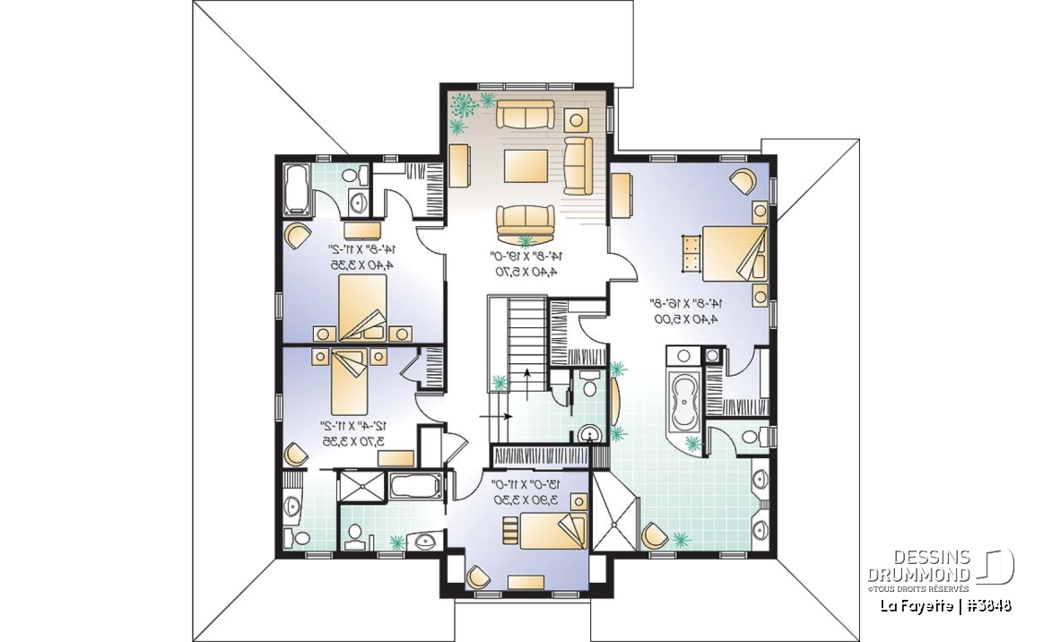 Étage - Plan de maison farmhouse américaine, grande suite des maîtres, 4 à 5 chambres, bureau, plafond 9' - La Fayette