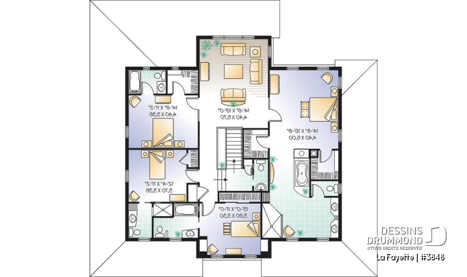 Étage - Plan de maison farmhouse américaine, grande suite des maîtres, 4 à 5 chambres, bureau, plafond 9' - La Fayette