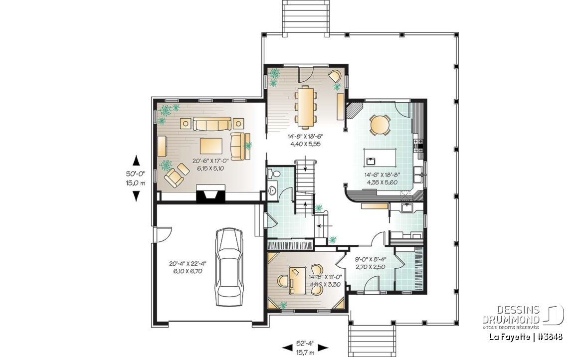 Rez-de-chaussée - Plan de maison farmhouse américaine, grande suite des maîtres, 4 à 5 chambres, bureau, plafond 9' - La Fayette