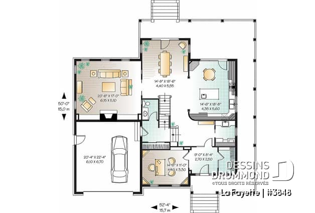Rez-de-chaussée - Plan de maison farmhouse américaine, grande suite des maîtres, 4 à 5 chambres, bureau, plafond 9' - La Fayette