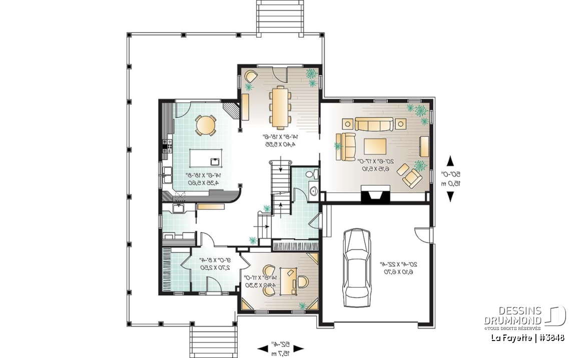 Rez-de-chaussée - Plan de maison farmhouse américaine, grande suite des maîtres, 4 à 5 chambres, bureau, plafond 9' - La Fayette