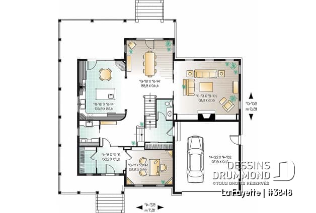 Rez-de-chaussée - Plan de maison farmhouse américaine, grande suite des maîtres, 4 à 5 chambres, bureau, plafond 9' - La Fayette
