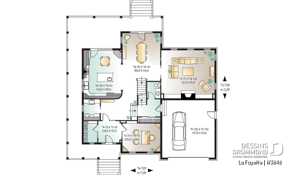 Rez-de-chaussée - Plan de maison farmhouse américaine, grande suite des maîtres, 4 à 5 chambres, bureau, plafond 9' - La Fayette