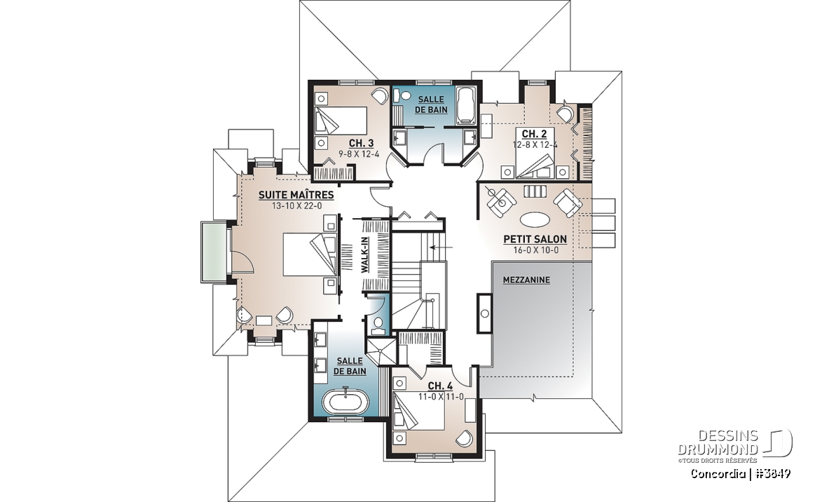 Étage - Plan de maison classique, 4 chambres, 2.5 salles de bain, garage double, bureau, foyer, vestibule - Concordia