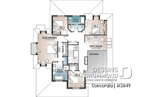 Étage - Plan de maison classique, 4 chambres, 2.5 salles de bain, garage double, bureau, foyer, vestibule - Concordia