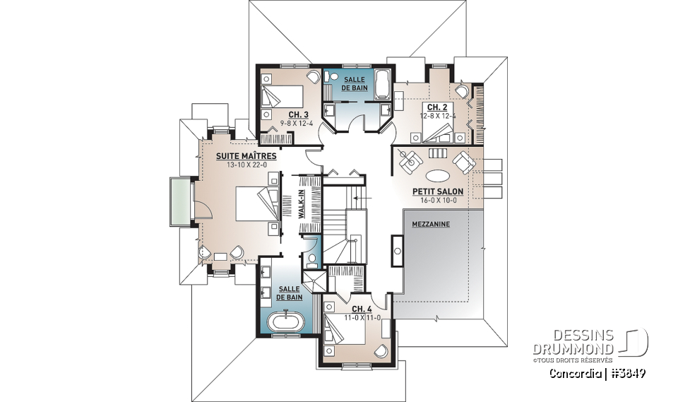 Étage - Plan de maison classique, 4 chambres, 2.5 salles de bain, garage double, bureau, foyer, vestibule - Concordia