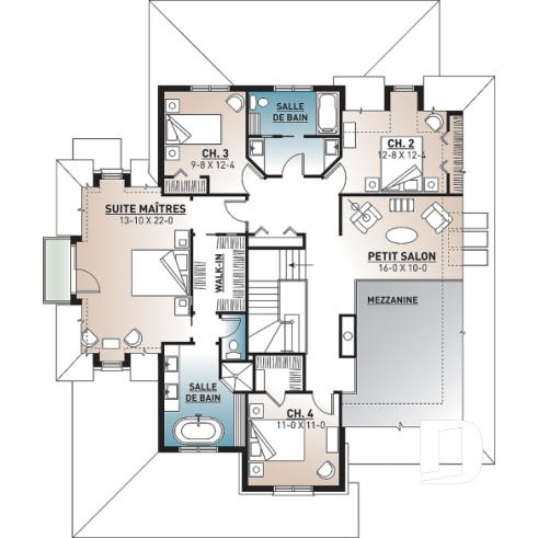 Étage - Plan de maison classique, 4 chambres, 2.5 salles de bain, garage double, bureau, foyer, vestibule - Concordia