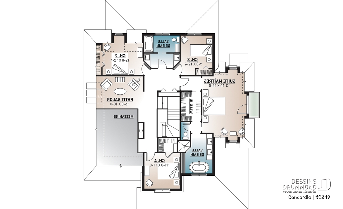 Étage - Plan de maison classique, 4 chambres, 2.5 salles de bain, garage double, bureau, foyer, vestibule - Concordia