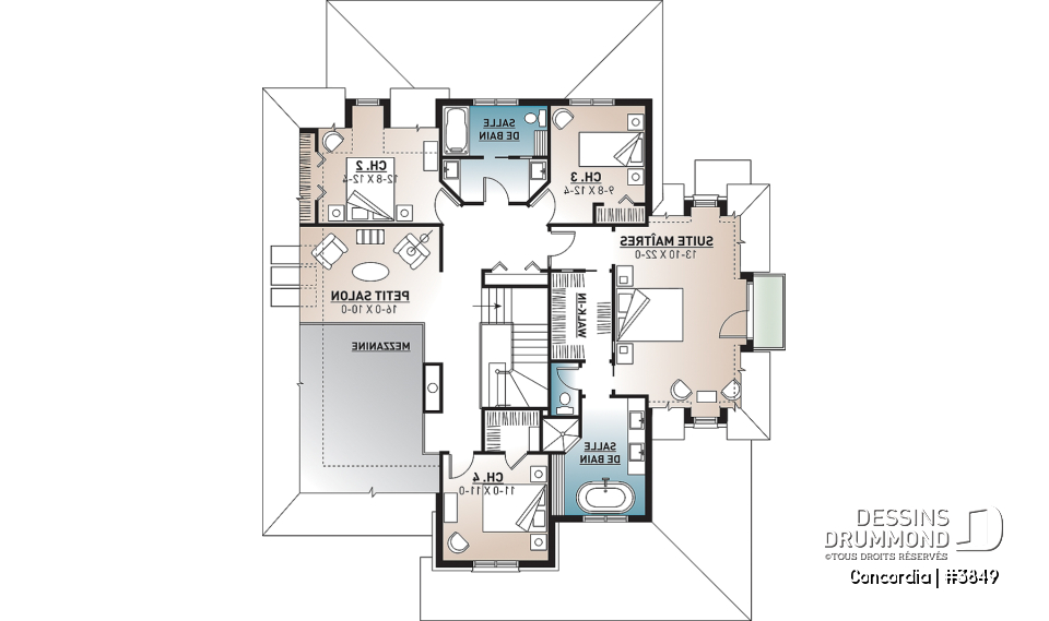 Étage - Plan de maison classique, 4 chambres, 2.5 salles de bain, garage double, bureau, foyer, vestibule - Concordia