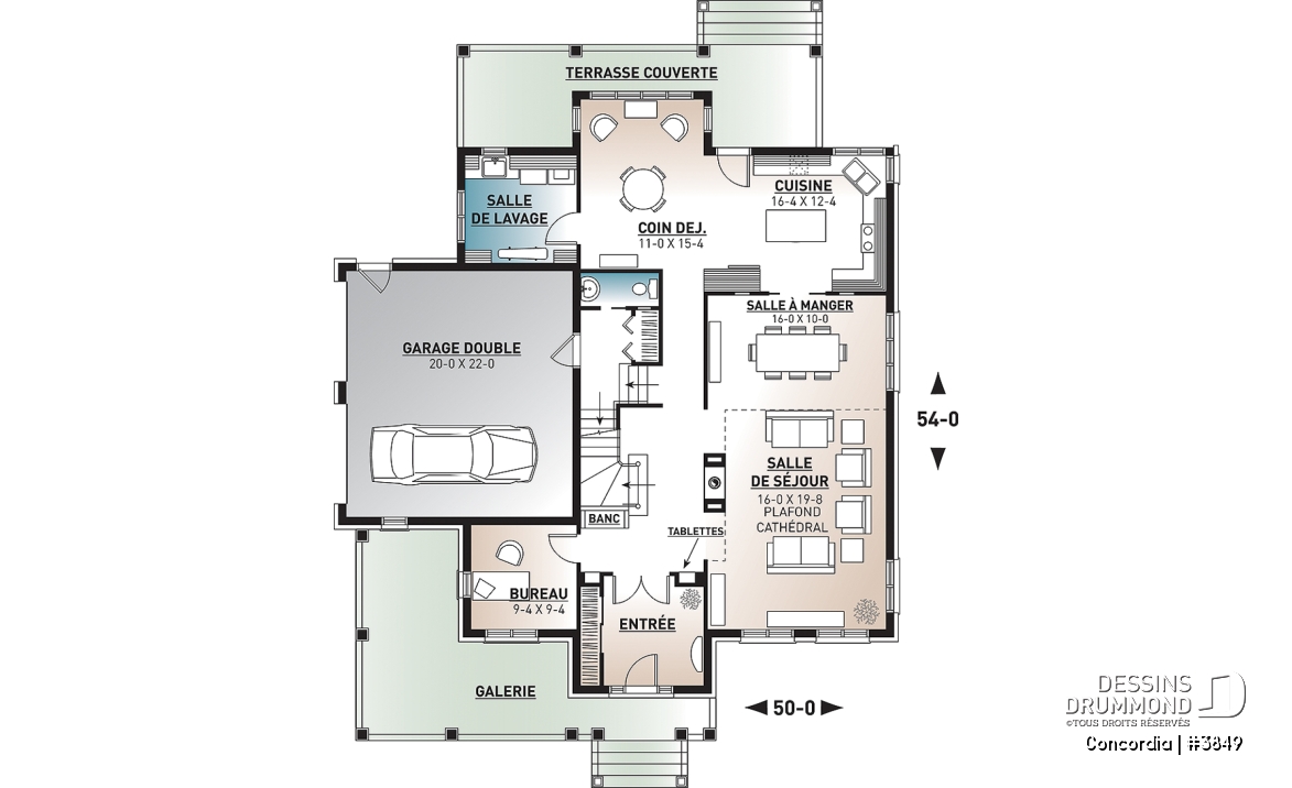Rez-de-chaussée - Plan de maison classique, 4 chambres, 2.5 salles de bain, garage double, bureau, foyer, vestibule - Concordia