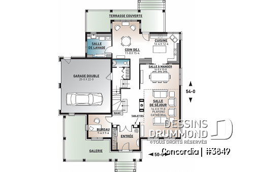 Rez-de-chaussée - Plan de maison classique, 4 chambres, 2.5 salles de bain, garage double, bureau, foyer, vestibule - Concordia