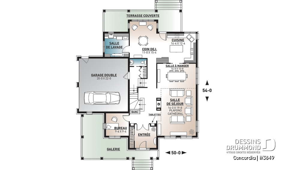 Rez-de-chaussée - Plan de maison classique, 4 chambres, 2.5 salles de bain, garage double, bureau, foyer, vestibule - Concordia