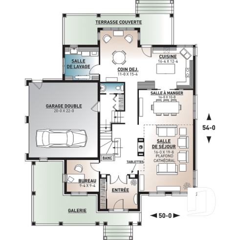 Rez-de-chaussée - Plan de maison classique, 4 chambres, 2.5 salles de bain, garage double, bureau, foyer, vestibule - Concordia