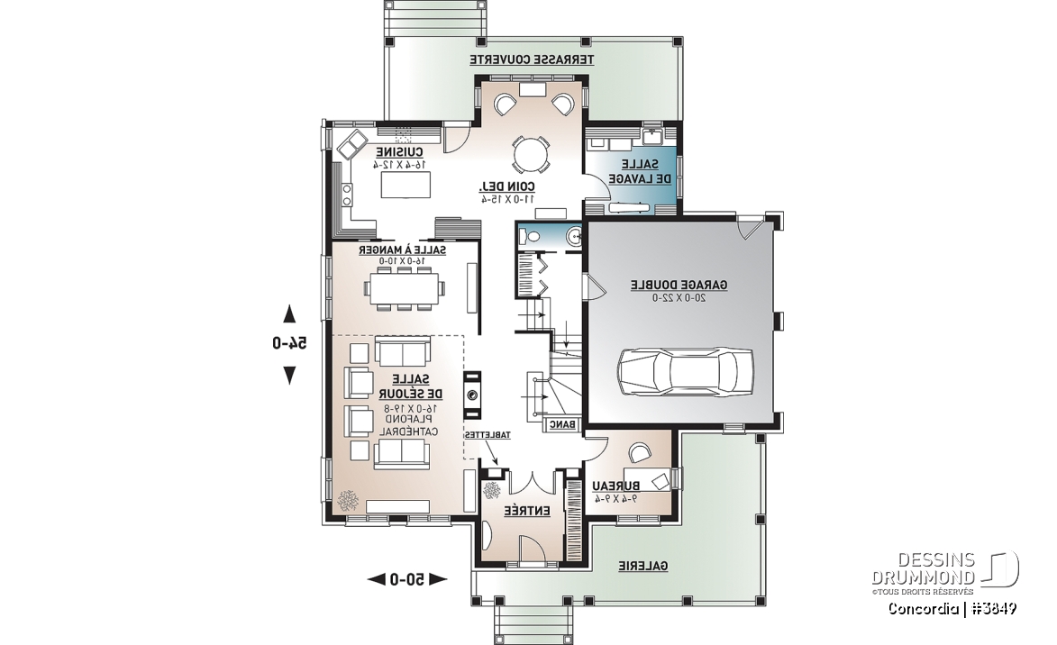 Rez-de-chaussée - Plan de maison classique, 4 chambres, 2.5 salles de bain, garage double, bureau, foyer, vestibule - Concordia
