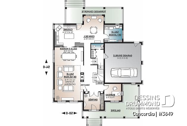 Rez-de-chaussée - Plan de maison classique, 4 chambres, 2.5 salles de bain, garage double, bureau, foyer, vestibule - Concordia