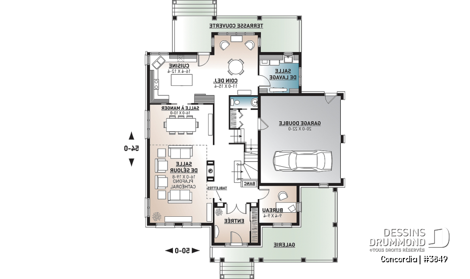 Rez-de-chaussée - Plan de maison classique, 4 chambres, 2.5 salles de bain, garage double, bureau, foyer, vestibule - Concordia