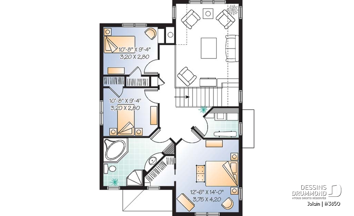 Étage - Plan de maison Tudor pour terrain étroit, 3 chambres, buanderie à l'étage, mezzanine, espace ouvert - Jolain