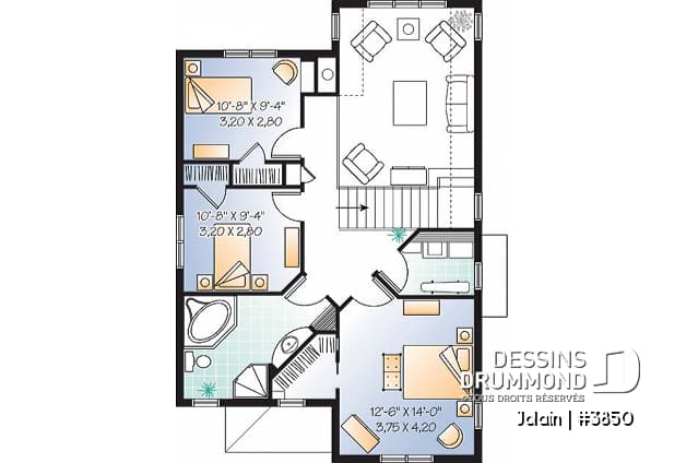 Étage - Plan de maison Tudor pour terrain étroit, 3 chambres, buanderie à l'étage, mezzanine, espace ouvert - Jolain