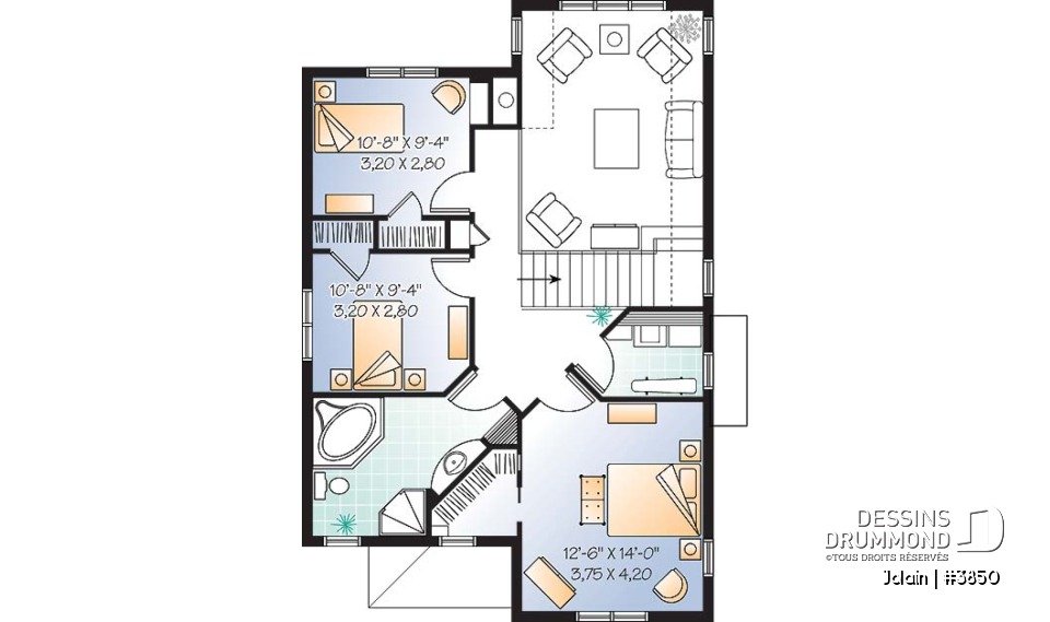 Étage - Plan de maison Tudor pour terrain étroit, 3 chambres, buanderie à l'étage, mezzanine, espace ouvert - Jolain