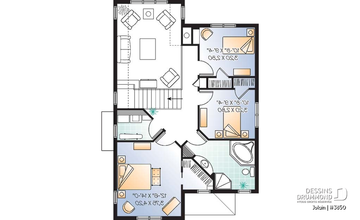 Étage - Plan de maison Tudor pour terrain étroit, 3 chambres, buanderie à l'étage, mezzanine, espace ouvert - Jolain