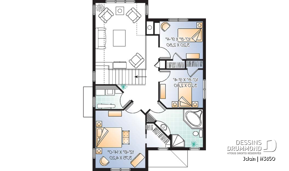 Étage - Plan de maison Tudor pour terrain étroit, 3 chambres, buanderie à l'étage, mezzanine, espace ouvert - Jolain