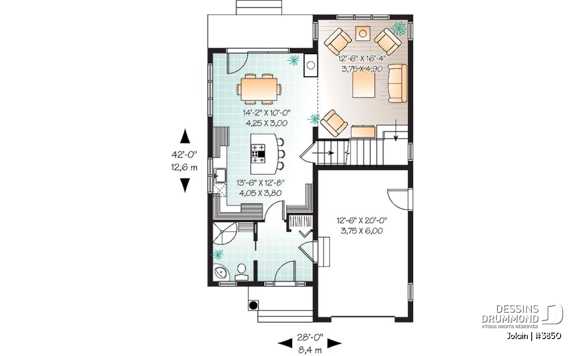Rez-de-chaussée - Plan de maison Tudor pour terrain étroit, 3 chambres, buanderie à l'étage, mezzanine, espace ouvert - Jolain
