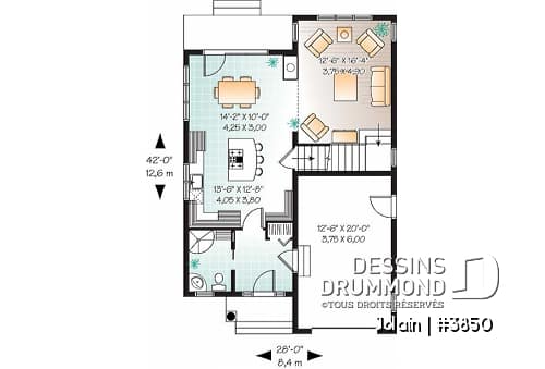 Rez-de-chaussée - Plan de maison Tudor pour terrain étroit, 3 chambres, buanderie à l'étage, mezzanine, espace ouvert - Jolain
