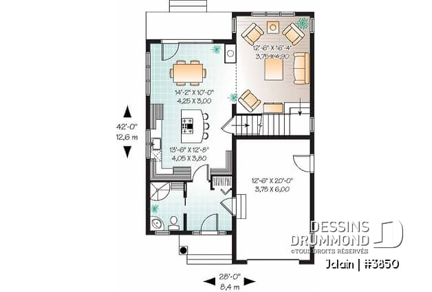 Rez-de-chaussée - Plan de maison Tudor pour terrain étroit, 3 chambres, buanderie à l'étage, mezzanine, espace ouvert - Jolain