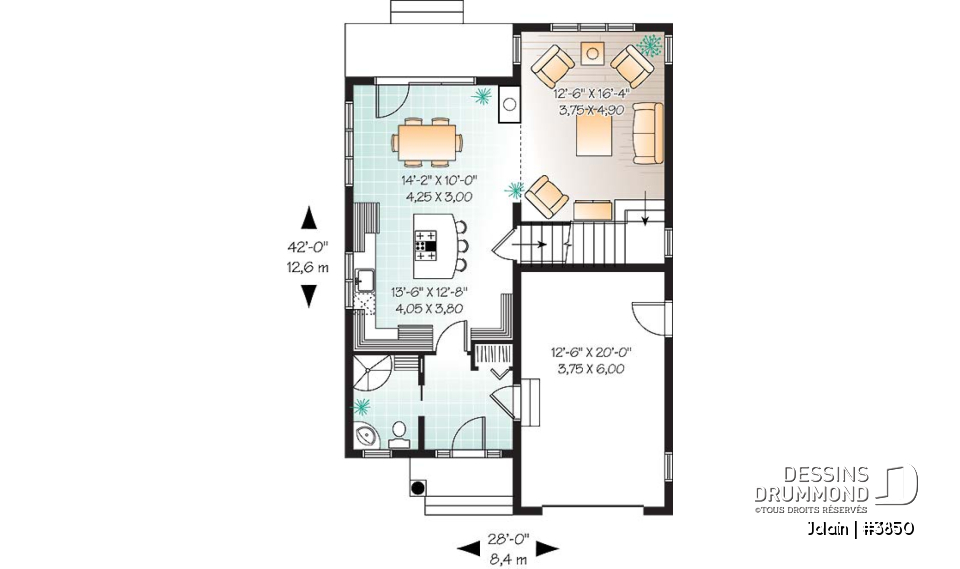 Rez-de-chaussée - Plan de maison Tudor pour terrain étroit, 3 chambres, buanderie à l'étage, mezzanine, espace ouvert - Jolain