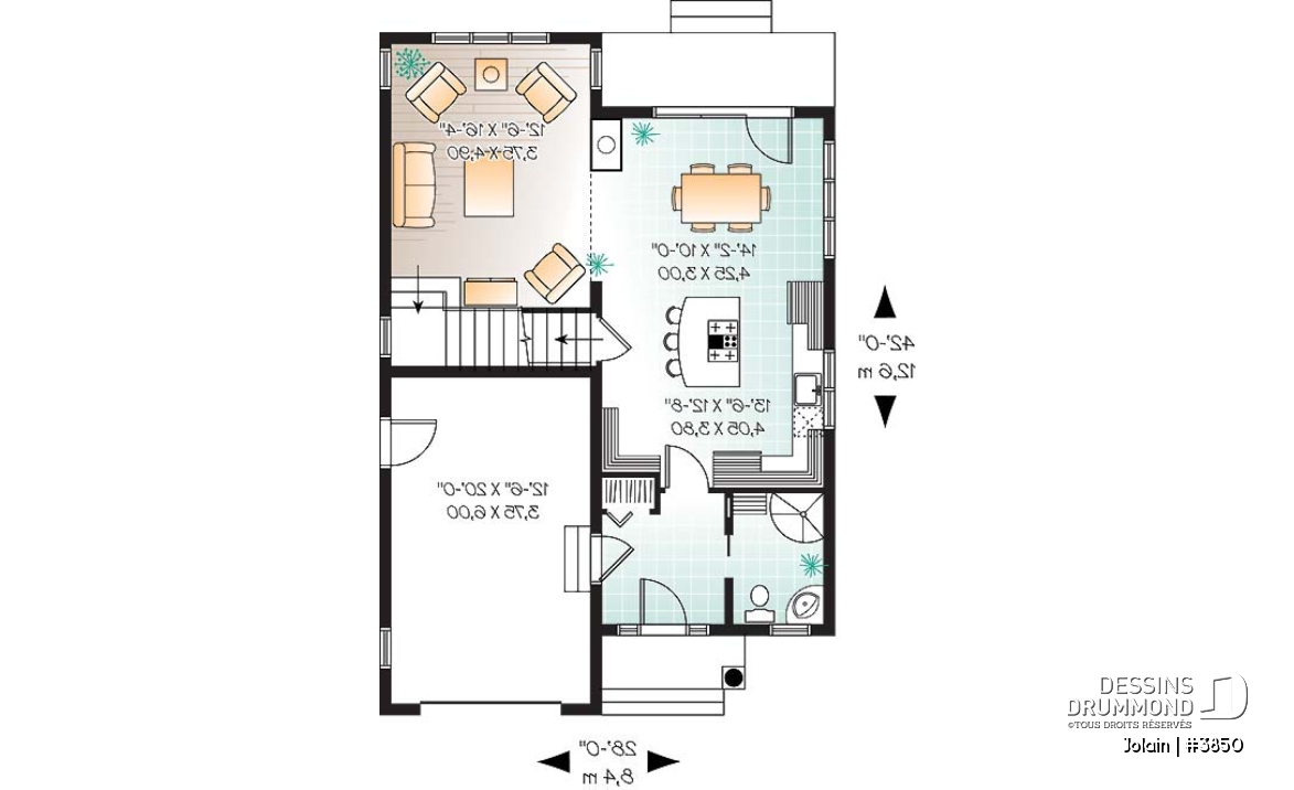 Rez-de-chaussée - Plan de maison Tudor pour terrain étroit, 3 chambres, buanderie à l'étage, mezzanine, espace ouvert - Jolain