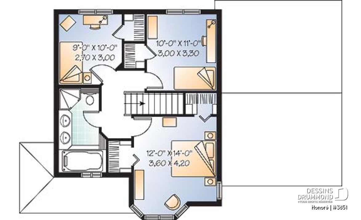 Étage - Plan de maison d'inspiration victorienne , 3 chambres, garage, salle de lavage au rez-de-chaussée - Honoré