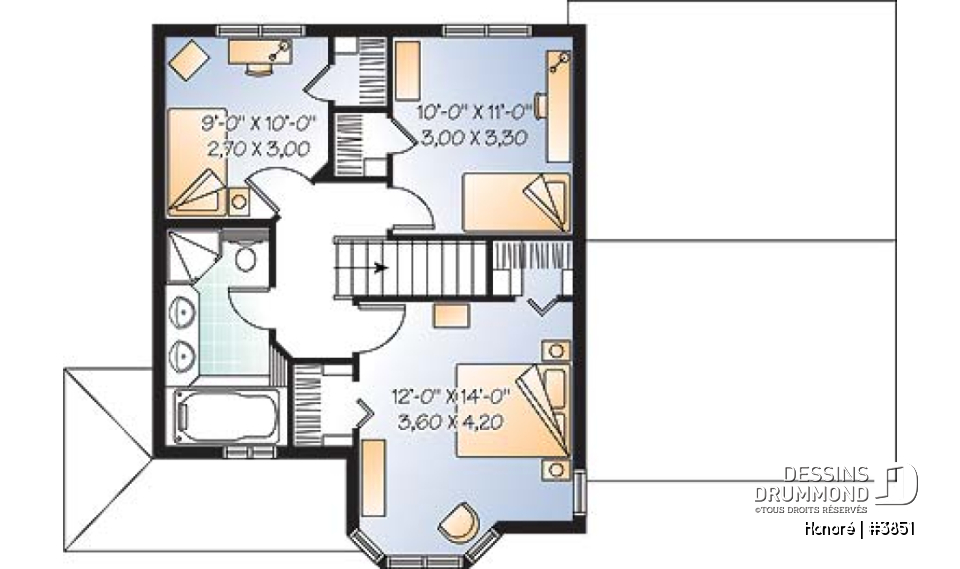 Étage - Plan de maison d'inspiration victorienne , 3 chambres, garage, salle de lavage au rez-de-chaussée - Honoré