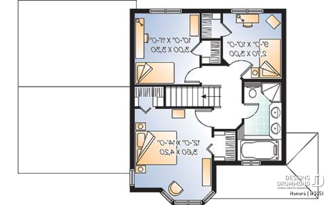 Étage - Plan de maison d'inspiration victorienne , 3 chambres, garage, salle de lavage au rez-de-chaussée - Honoré