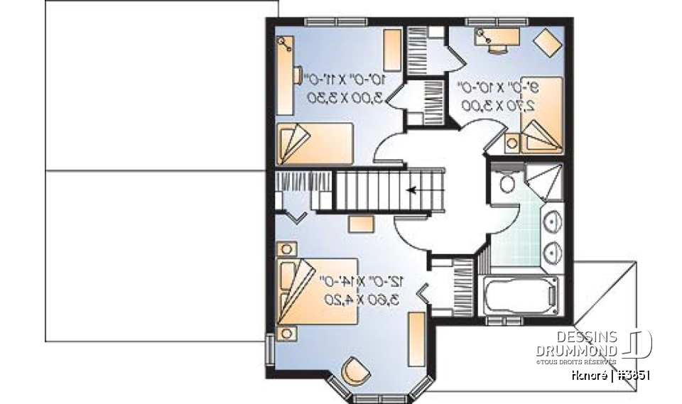 Étage - Plan de maison d'inspiration victorienne , 3 chambres, garage, salle de lavage au rez-de-chaussée - Honoré