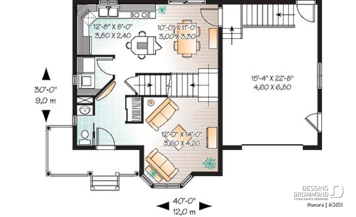Rez-de-chaussée - Plan de maison d'inspiration victorienne , 3 chambres, garage, salle de lavage au rez-de-chaussée - Honoré