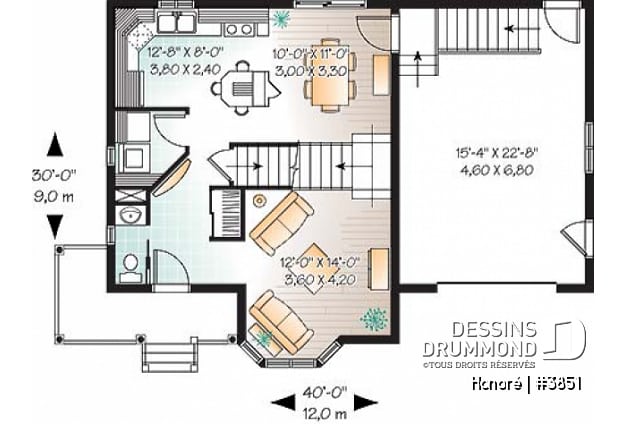 Rez-de-chaussée - Plan de maison d'inspiration victorienne , 3 chambres, garage, salle de lavage au rez-de-chaussée - Honoré